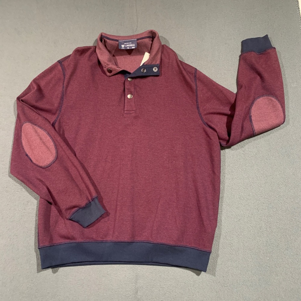 New CREMIEUX Mens XL Burgundy Navy Hounds tooth Mock Neck Snap Pullover Sweater